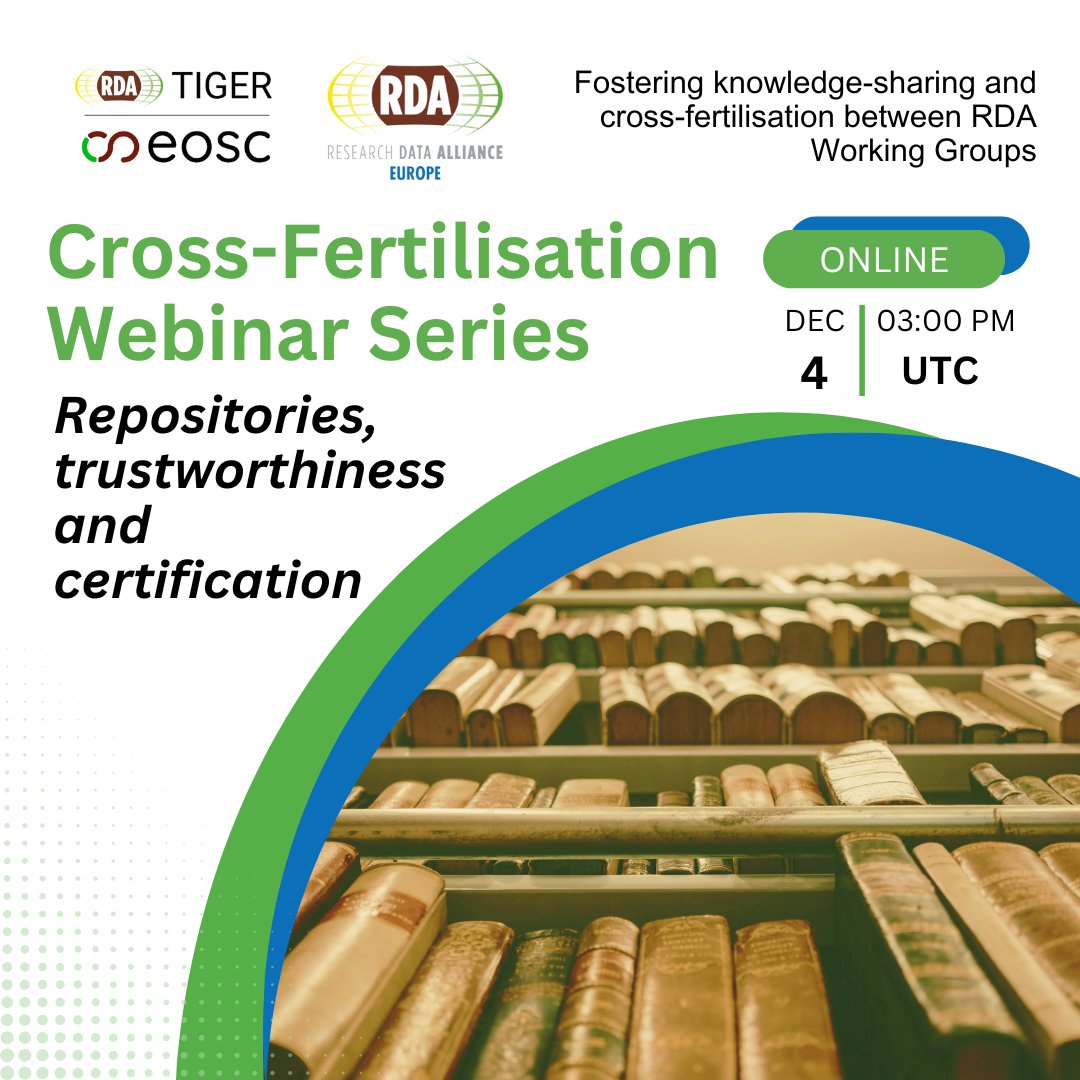 RDA_Europe's tweet photo. 📢 Join the #RDATIGER webinar “Repositories, Trustworthiness & Certification” on 4 Dec 2025.
Learn from the TRUST Principles WG and TRSPs WG, plus insights from EOSC EDEN & FIDELIS.
🔗 https://t.co/oT7C4Vnxb0
#FAIRdata #ResearchData #OpenScience #RepositoryCertification https://t.co/olBvcM7t54