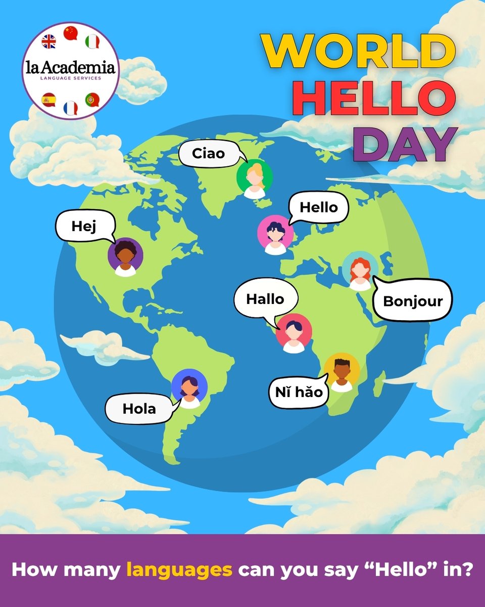 la__academia's tweet image. Awkward silence? Say Hello! 👋 It&apos;s #WorldHelloDay!
Peace &amp;amp; understanding starts with a greeting. How many languages can you say &apos;Hello&apos; in? 🌍 Tag a friend! 👇

#HelloInEveryLanguage #LanguageChallenge #MFL #Langtwt