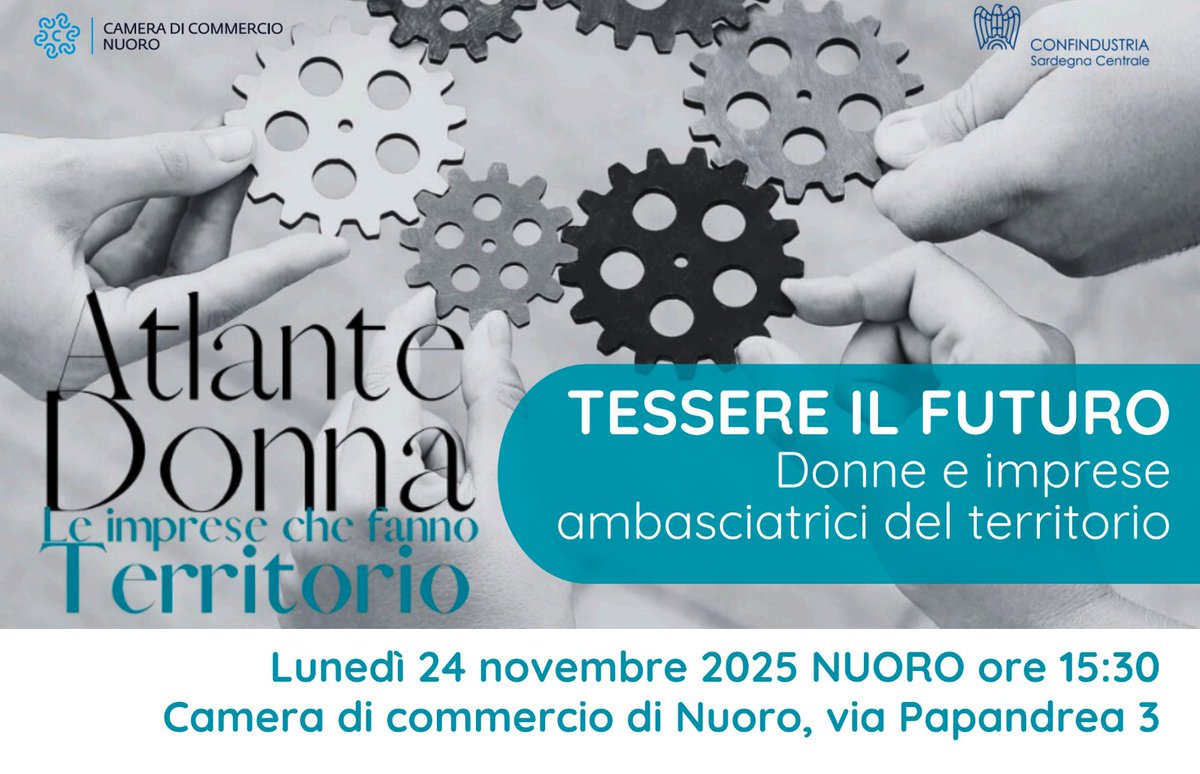📅 24/11 h15:30 #Nuoro
Convegno “Tessere il futuro. Donne e imprese, ambasciatrici del territorio”
Nuovo appuntamento progetto #AtlanteDonna.
Con AIDDA Sardegna, ANCISardegna e conclusioni della Presidente <a href="/ATodde/">Alessandra Todde</a>
Registrazione: bit.ly/4phqJXQ
#Imprese #Donne #CCIAANuoro