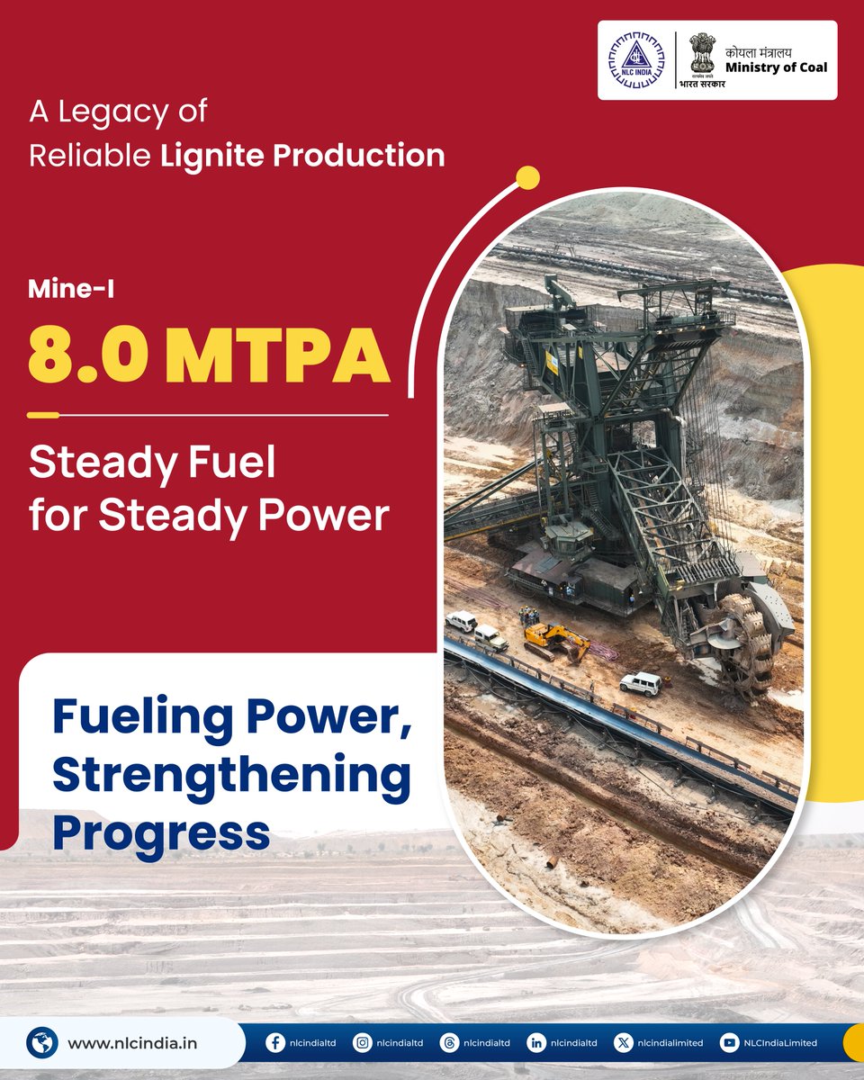 nlcindialimited's tweet photo. Mine-I continues to deliver 8.0 MTPA of lignite, forming the backbone of NLCIL’s power generation chain. With decades of consistent performance, it remains a crucial contributor to regional energy stability.
#MineI #LigniteMining #NeyveliMines #EnergyProduction #NLCOperations #MiningForIndia
@CoalMinistry @MinesMinIndia @mygovindia @kishanreddybjp @satishdubeyy