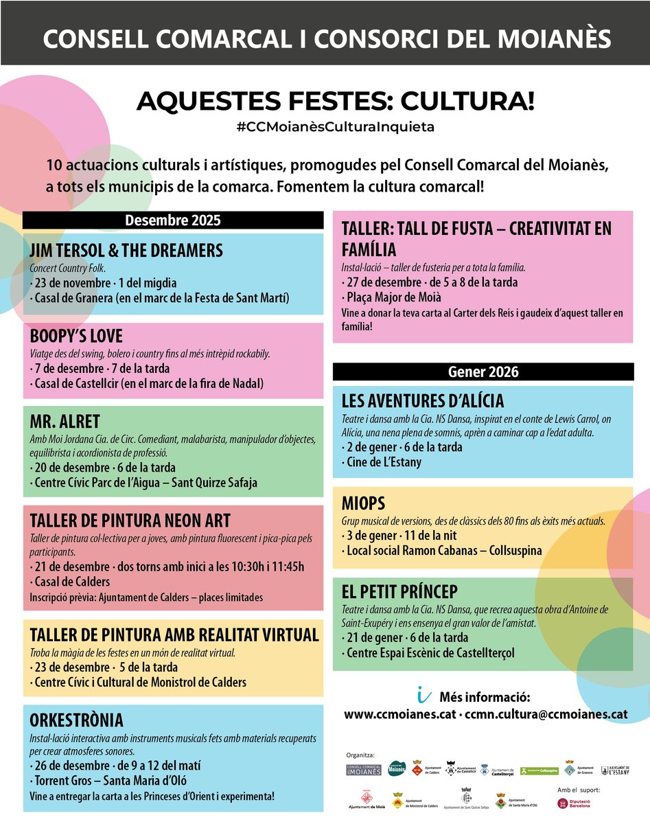 🎭 AQUESTES FESTES, CULTURA AL MOIANÈS!
10 actuacions culturals i artístiques als 10 municipis de la comarca.
📅 Consulta el calendari i no et perdis cap proposta!