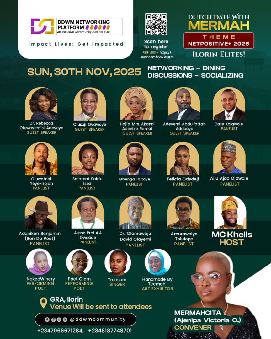 mermahcita's tweet image. Hello ILORIN, See You in your gorgeousness at  #DutchDateWithMermah;
Networking Impactfully is #NetPositive 

Date: Sunday, 30th of Nov,2025
Time: 2:30pm
Venue: Reserved (GRA,Ilorin)

See You Soon! Get Your Tickets👇
🎟:- selar.com/l5h275u176

#NetworkingEvent #IlorinElites 💅