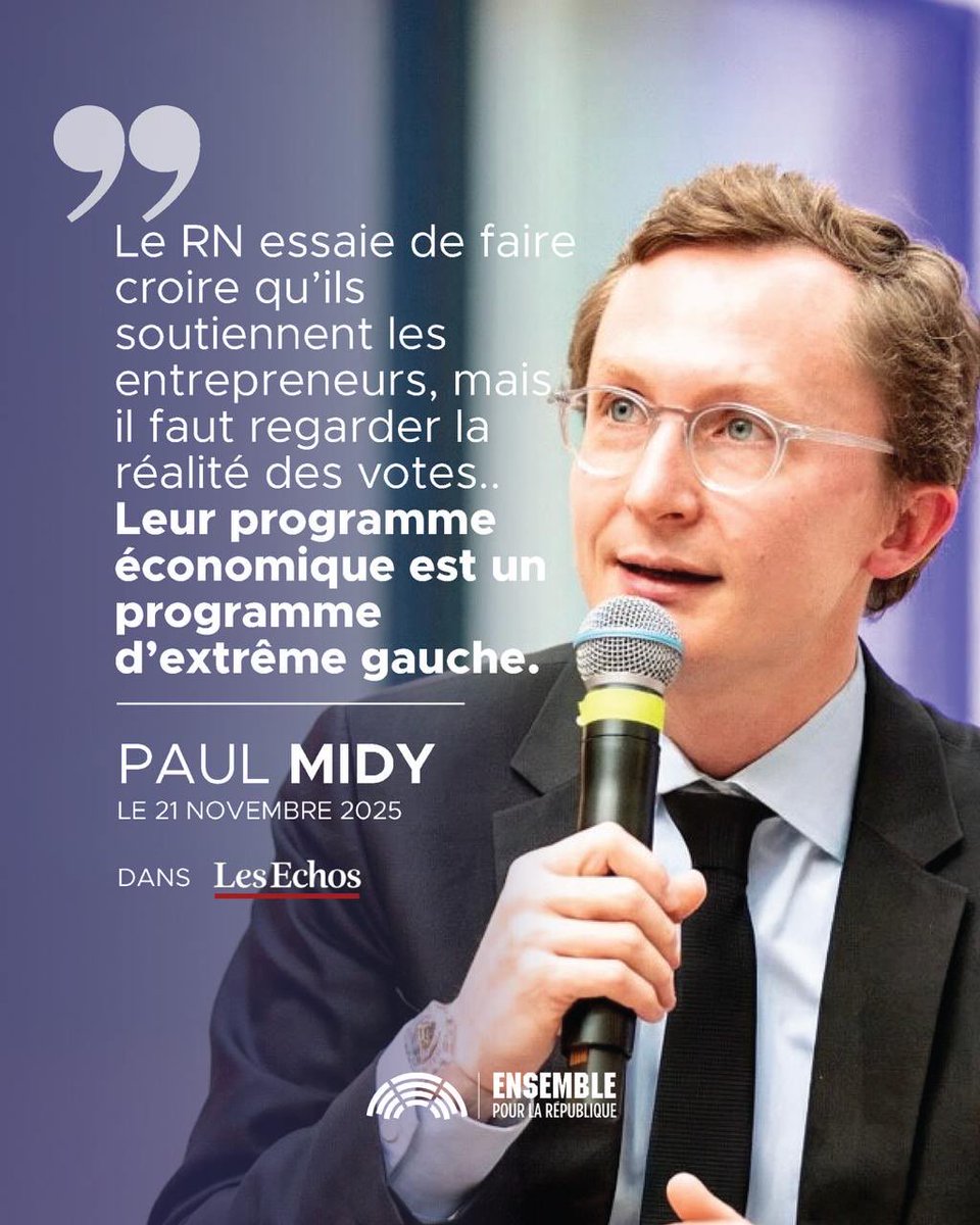 DeputesEnsemble's tweet image. Le programme économique du RN, c’est le programme d’extrême gauche avec un logo différent, ils ont voté pour :

🔹La taxe sur les multinationales 
🔹L’élargissement de l’impôt minumum
🔹 La suppression du dispositif Madelin pour les PME

Retrouvez l’interview de @midy_paul en…