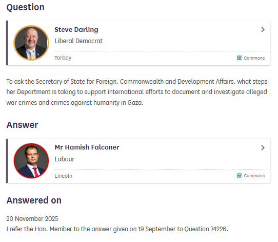 declassifiedUK's tweet photo. ❗️It appears the UK government is not taking any steps to investigate or help investigate Israeli war crimes in Gaza. 

With Russia in Ukraine, the UK is giving millions to the ICC to investigate war crimes.

Some war crimes are more acceptable than others.

#DCUKparliament https://t.co/rtu8Kzh839
