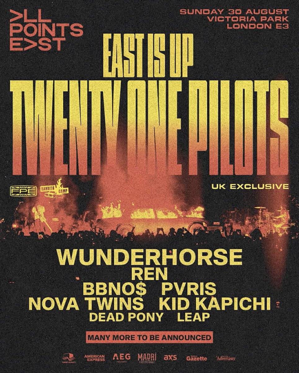 rocksound's tweet photo. East is up - Twenty One Pilots are returning to the UK 🇬🇧 

All Points East Festival at Victoria Park, London. 

Plus Wunderhorse, Ren, BBNO$, PVRIS, Nova Twins, Kid Kapichi, Leap and more.

Tickets on sale November 25 at 9am. https://t.co/hqxQ7f4uMK