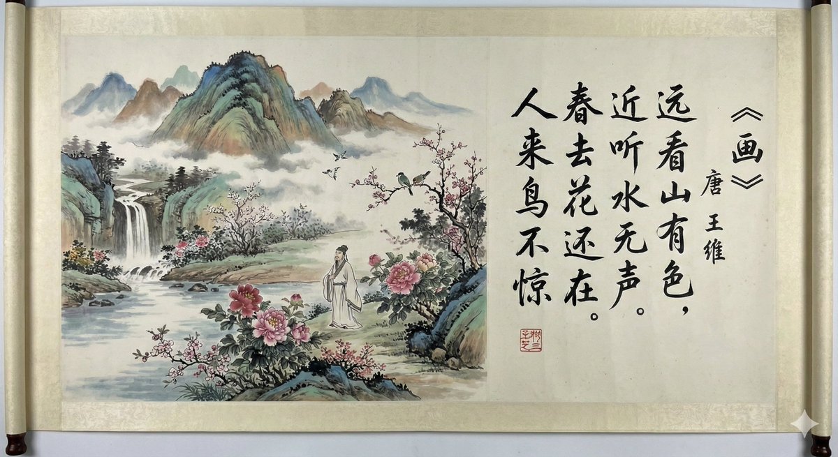 唐代の詩を入力すると、Nano Banana Proが詩を描き、詩節も書き込んでくれます。このAI描画機能が急速に普及すれば、すべての学習者が自分だけのオリジナル教材を作成できるようになります。詩の意味を完全に表現するというプレッシャーだけ