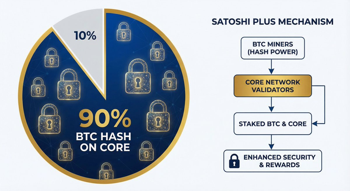 NitceRoy's tweet photo. 90% of BTC hash power now secures Core—Satoshi Plus making non-custodial staking safer than ever. No bridges, just pure security. Feeling the decentralization?  $CORE #BTCFi #Bitcoin https://t.co/x6eOkBCr6s