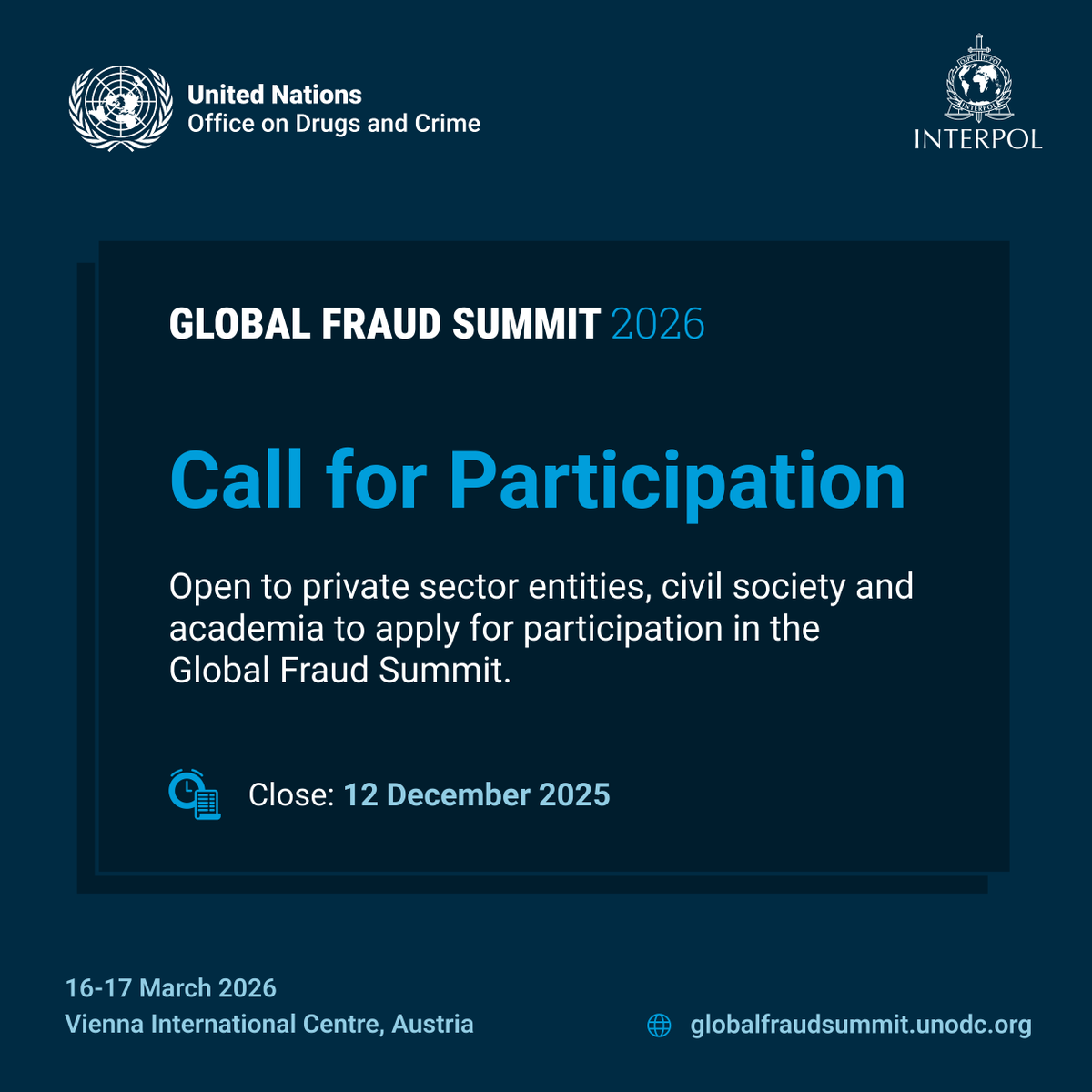 UKMissionVienna's tweet image. #FraudAwarenessWeek

🤝Tackling fraud needs international collaboration. That&apos;s why @UNODC &amp;amp; @INTERPOL_HQ are co-hosting the #GlobalFraudSummit in 2026, supported by UK.

🗓️ We invite private sector, civil society &amp;amp; academia to join. Apply by 12 December: bit.ly/4nXYrAv