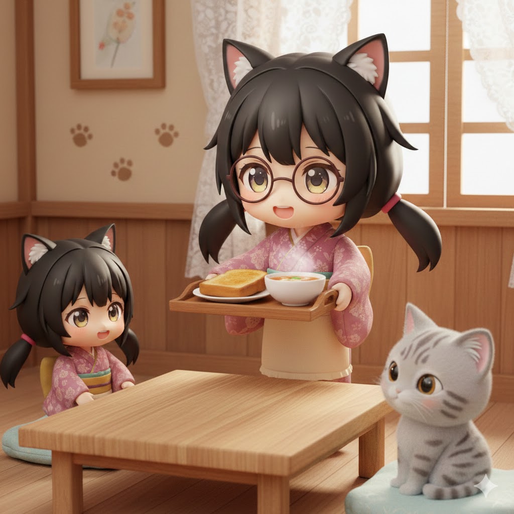 おはようございます！
#KemomimiCafe です。

広報担当の、もちょこいの体調も、インフルからスコスずつもとに戻ってきました。
イラストも、少しずつ通常営業に戻していきますね。

今朝は、トーストとコンソメスープのセットを用意しています。
お出かけ前に温まっていってくださいね！

#AIart