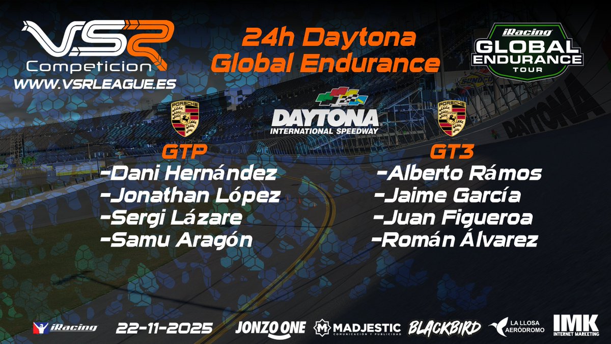 Mañana nuestros pilotos se van a las 24h de Daytona de la Global Endurance <a href="/iRacing/">iRacing</a> 
2 Porsche en pista y 24h por delante en este trazado mítico.
Mucha suerte y a disfrutar en carrera!!!🔥