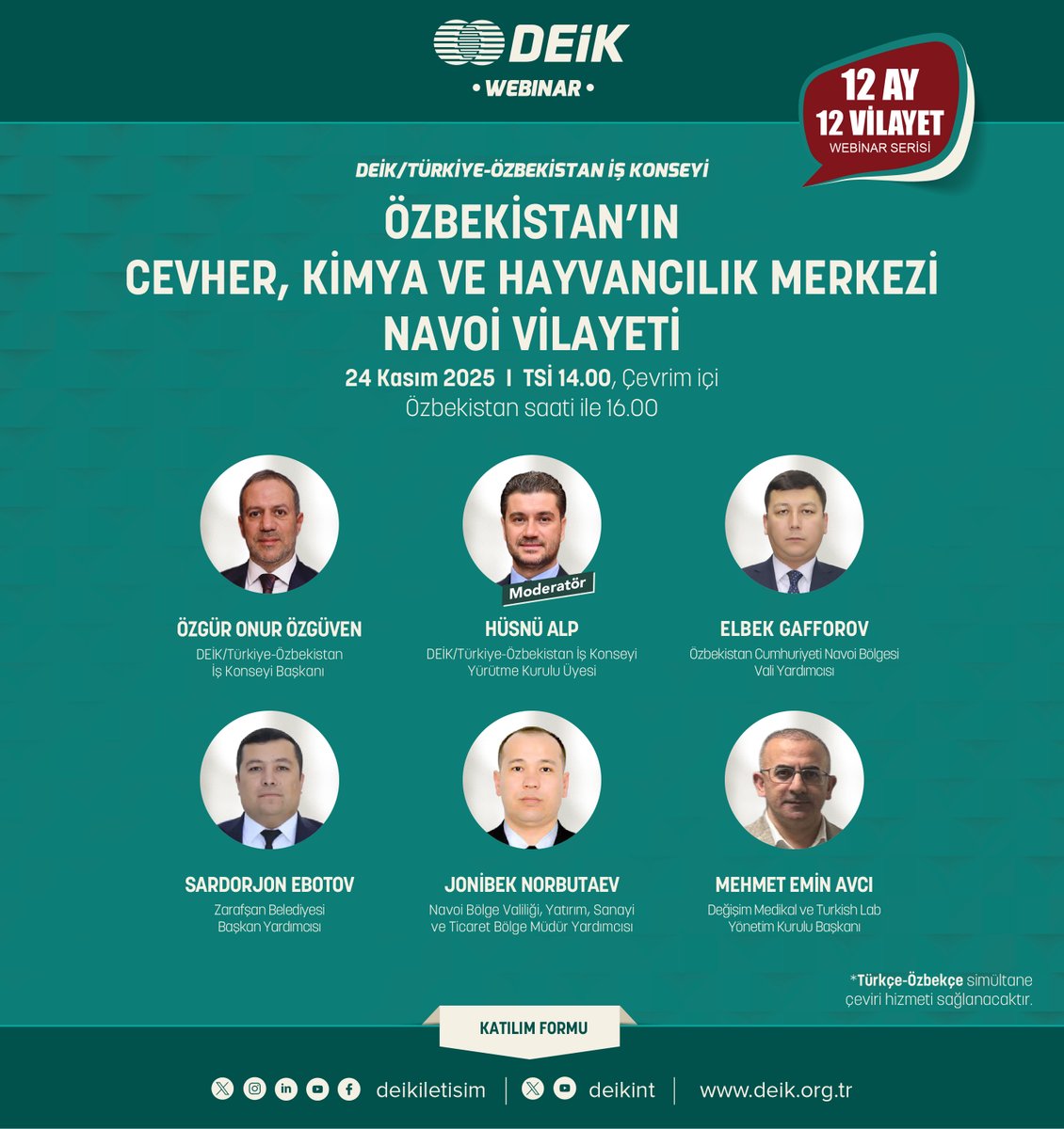 deikiletisim's tweet photo. 📢Türkiye-Özbekistan İş Konseyimiz, 12 Ay 12 Vilayet webinar serisinin on birincisini “Özbekistan’ın Cevher, Kimya ve Hayvancılık Merkezi Navoi Vilayeti”ni gerçekleştirecek. 

🗓️ 24 Kasım 2025, Pazartesi
⏰ 14.00

Detaylı bilgi için ⬇️
🔗https://t.co/kwgu3fBH1c

🇹🇷🇺🇿
#İşimizTicariDiplomasi