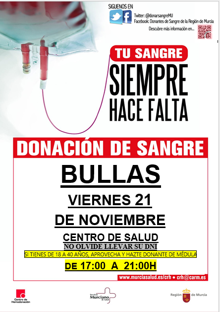 Esta tarde nuestra unidad móvil viaja a #Bullas de 17 a 21 h en el centro de salud, vas a tener la oportunidad de hacer el mejor regalo #Donandosangre Te necesitamos a ti, #Notelopienses <a href="/aytoBullas/">Ayuntamiento Bullas</a>