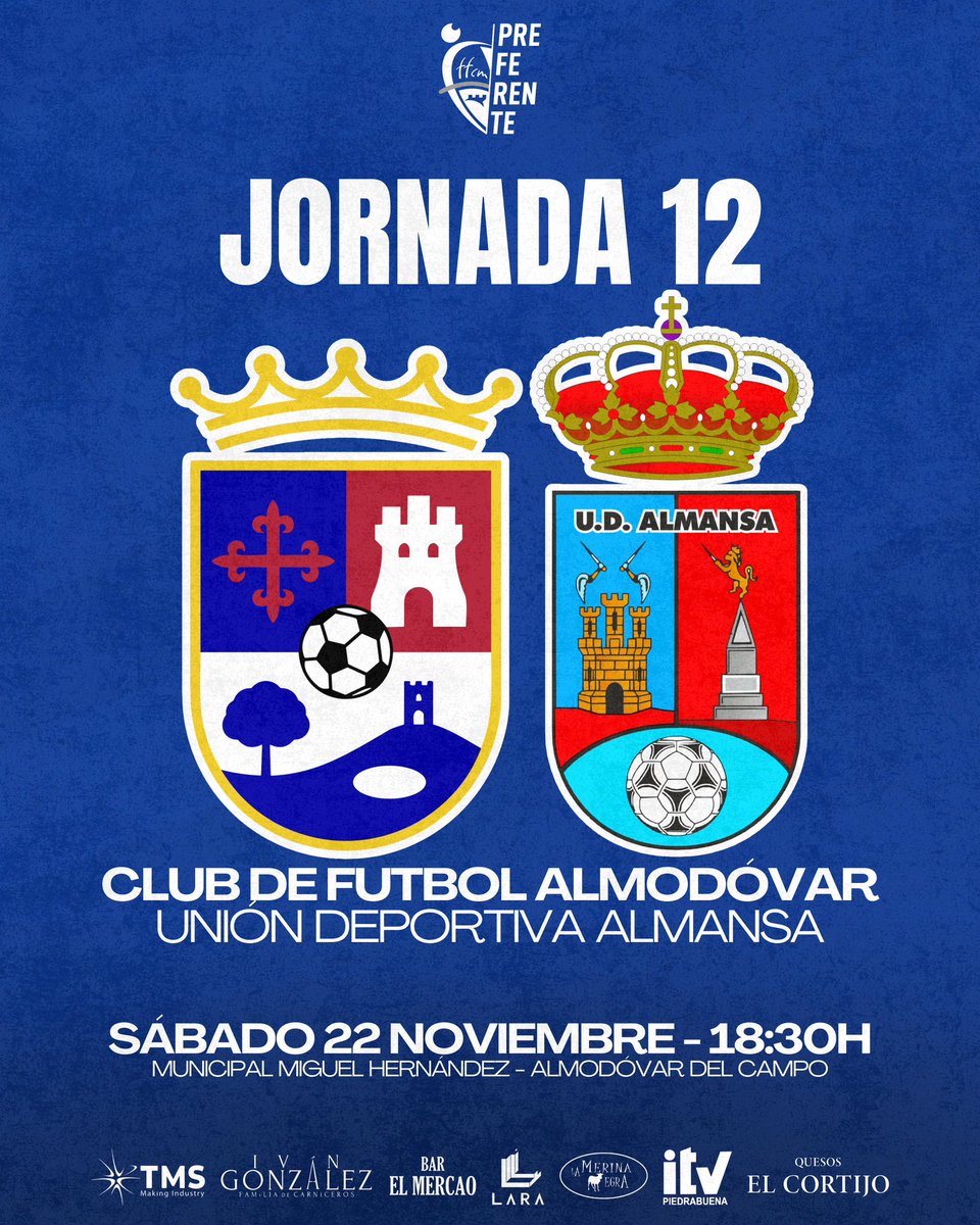🏃𝐏𝐑𝐄𝐅𝐄𝐑𝐄𝐍𝐓𝐄

🏆 Jornada 12
🆚 <a href="/UDAlmansa/">U.D. ALMANSA</a> 
🗓️ 22 Noviembre
⏰ 18:30H
🏟️ Miguel Hernández
🏠 Almodóvar del Campo

🪪 Socios: Gratis

🎟️ Entradas

👨🏻 Adulto - 8€
🧒🏻 Menores de 18 años - 5€