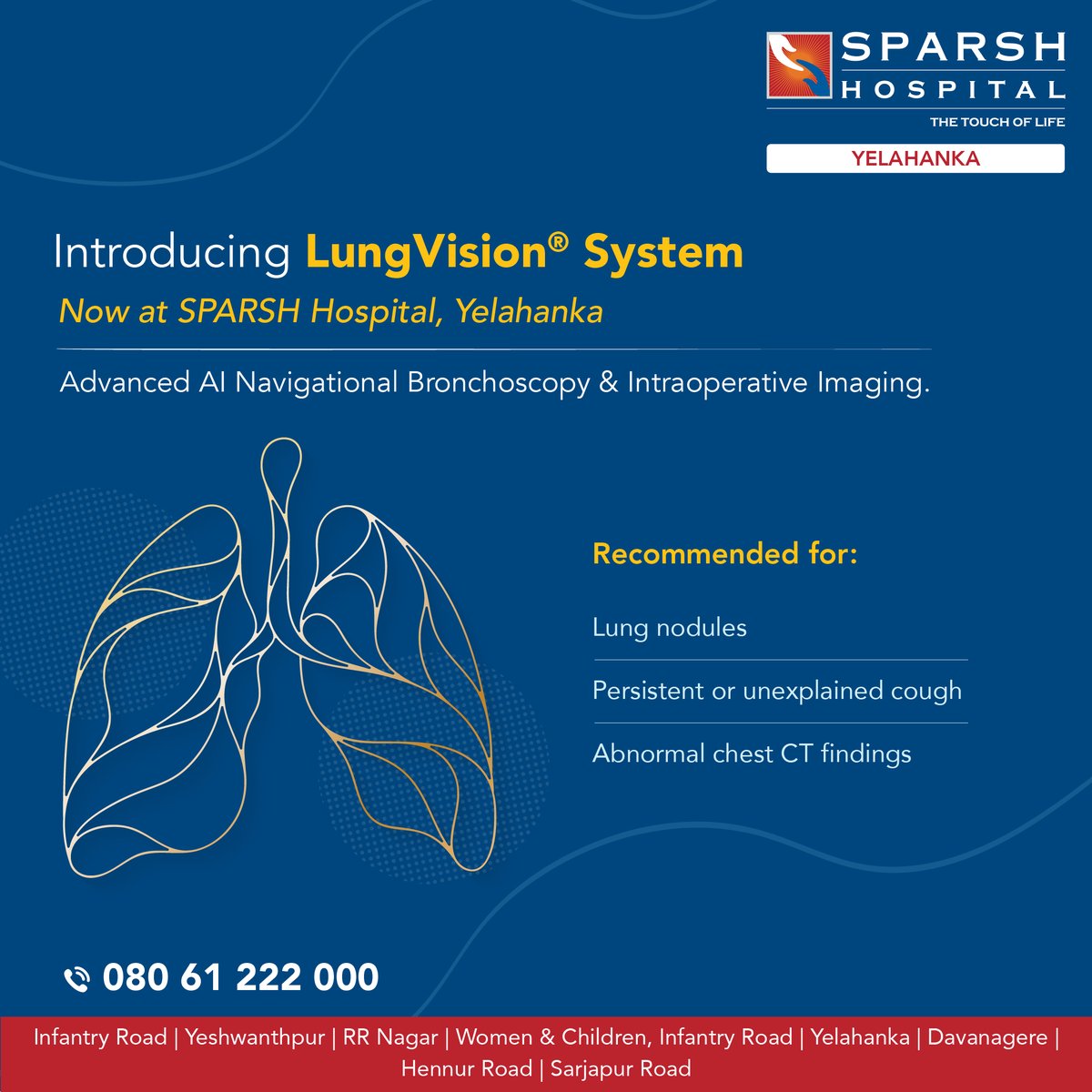 Introducing the LungVision® System at SPARSH Hospital, Yelahanka — a breakthrough in AI-powered Navigational Bronchoscopy, enabling faster, safer &amp; more precise detection of lung nodules for early diagnosis &amp; better outcomes.

📞 080 61 222 000

#SparshHospital #LungVision