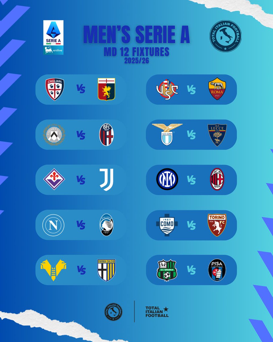 SerieATotal's tweet image. 🗓️ 𝙏𝙃𝙄𝙎 𝙒𝙀𝙀𝙆𝙀𝙉𝘿&apos;𝙎 𝙁𝙄𝙓𝙏𝙐𝙍𝙀𝙎! 📋

The 2025/26 Men’s Serie A season returns after the international break with the Milan Derby front and centre of Matchday 12, while Matchday 7 of the Serie A Women’s fixtures sees top two AS Roma and Como clash. Here’s what we’ve…