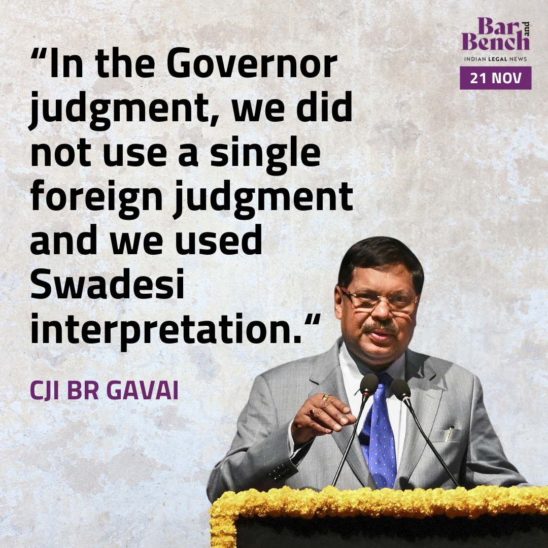 barandbench's tweet photo. On the ceremonial bench today, CJI BR Gavai spoke about the method adopted by the Court's Constitution Bench while ruling on the powers of Governor.

Read here: https://t.co/8Jt7J0CGFr https://t.co/HpQuU2qyLt