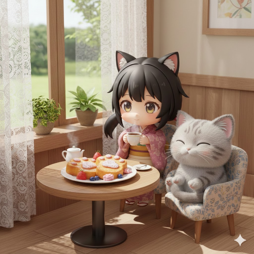 おはようございます！
#KemomimiCafe です。

肉球フレンチトーストをケモミミさんが作ってくれて
これから、ミニケモちゃんと虎猫ちゃんが食べるところです。
もちろん、お店のメニューとしても提供していますよ！

今日も良い一日を！

#AIart