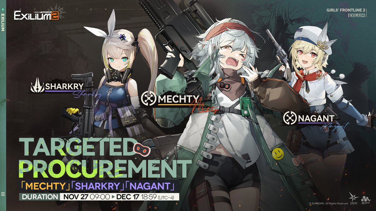 Targeted Procurement Event | Andoris &amp; Mechty

Rate Up Event for Andoris, Mechty, Sharkry, Nagant will be open for a limited time.

[Duration] 
Nov 27, 09:00 - Dec 17, 18:59 (UTC-4)

&gt;&gt; Download on mobile and PC: sunborn.onelink.me/fxKG/prall
#GirlsFrontline2Exilium #gfl2exilium