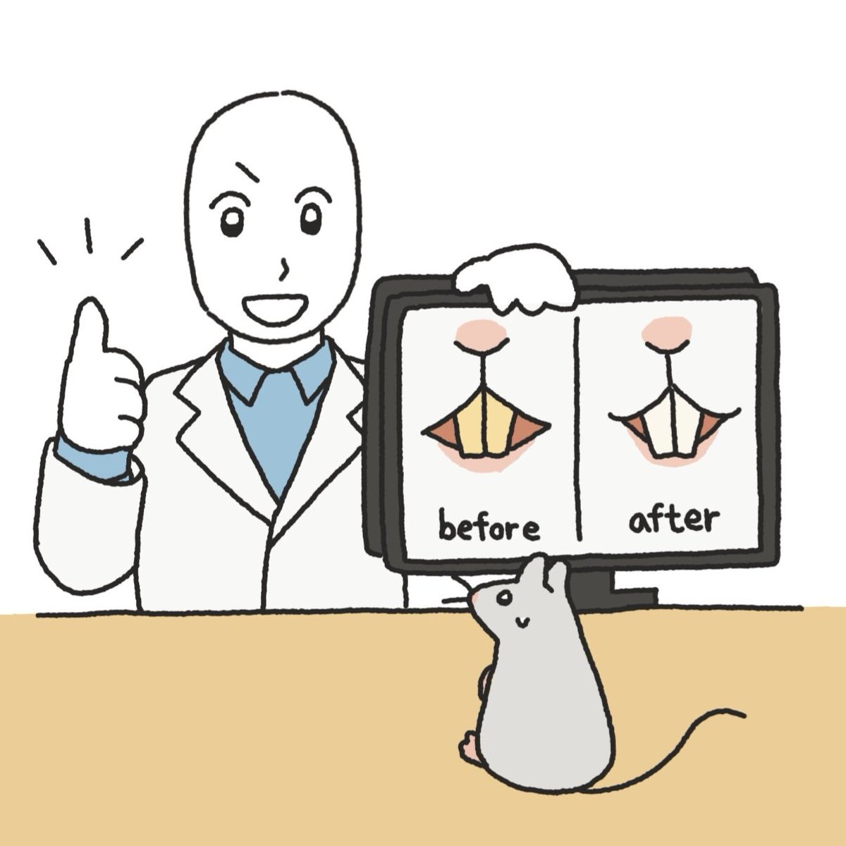 쥐에게 치아 미백을 권유하는 치과 의사