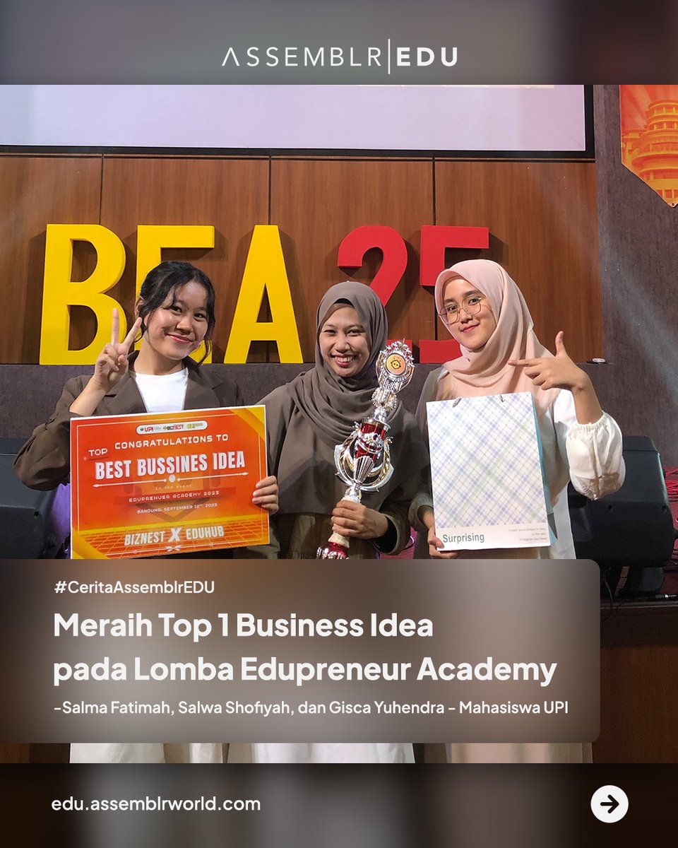 assemblrworld's tweet image. #CeritaAssemblrEDU kali ini hadir dari pemenang Top 1 kategori Business Idea pada lomba Edupreneur Academy yang diselenggarakan oleh Biznest x Eduhub, Salma, Gisca, dan Salwa 🥳

Simak cerita mereka di Thread ini!

#AssemblrEDU #BelajarSeru #3D #AR #Edupreneur #Inspiration