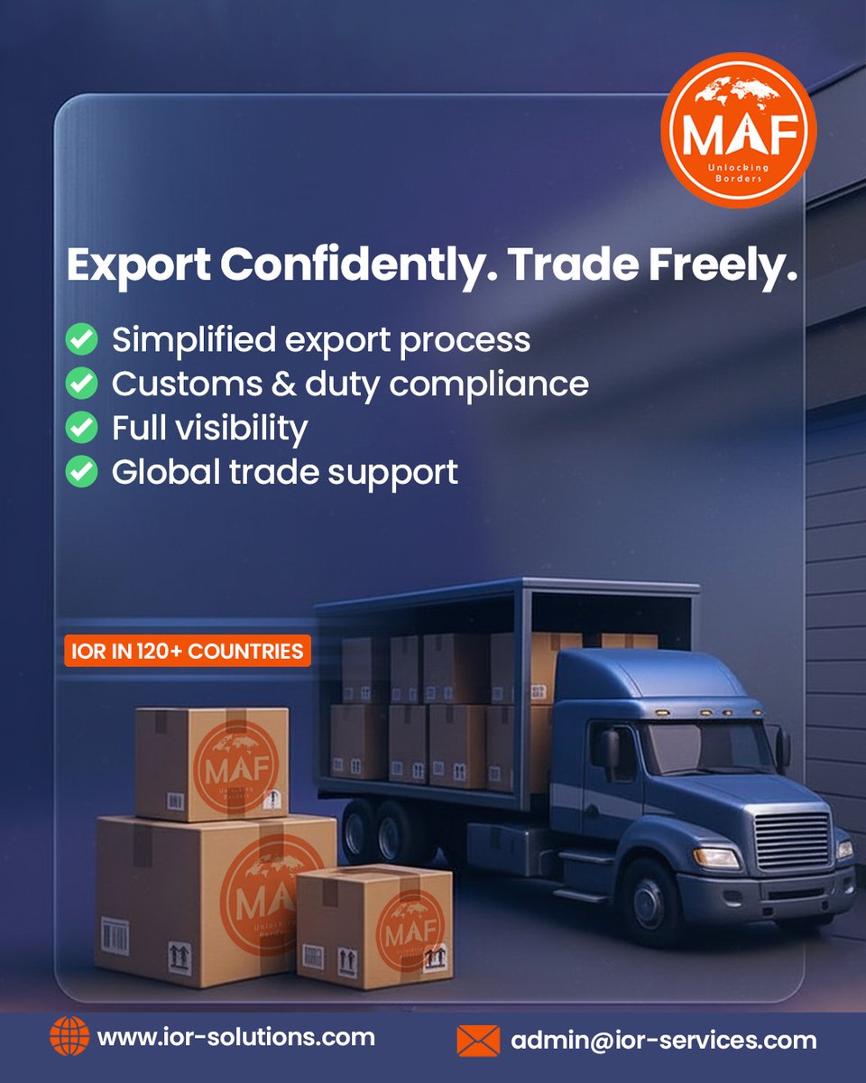 maf_ior's tweet image. Export confidently with MAF IOR Solutions. We simplify documentation, customs, and duty compliance for smooth global shipping. 🌍🚀
📧 admin@ior-services.com
🌐 ior-solutions.com
#ExporterOfRecord #EORServices #MAFSolutions #GlobalTrade #ExportCompliance #CrossBorderTrade
