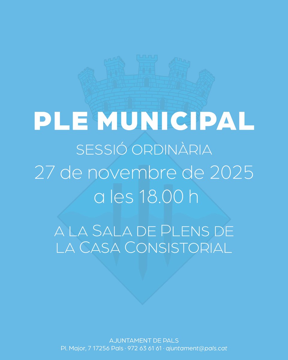 AJUNTAMENTPALS's tweet image. 📢Es convoca el #PLE de l’Ajuntament de #Pals, en sessió ordinària, el 🗓27 de novembre a les ⏰ 18 hores, 📌 a la Casa Consistorial
pals.cat/ca/actualitat/…