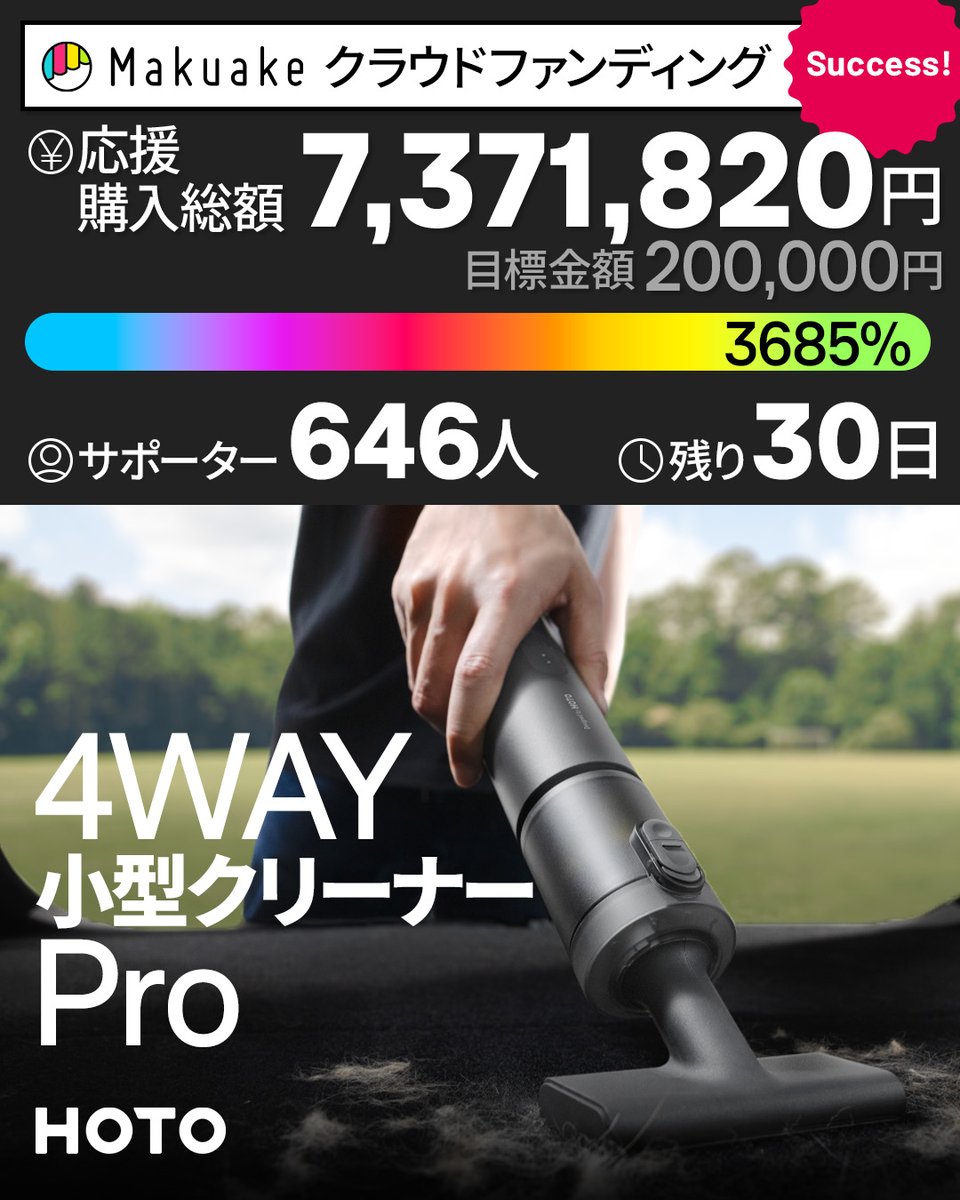 クラウドファンディングMakuakeで4WAY小型クリーナーProが目標3600%を超えました！

応援いただいた皆様、誠にありがとうございます🙇‍♂️

今だけ限定のおトクに購入できるプランは残り僅かです。ぜひお早めにご購入ください🔥
makuake.com/project/hoto_4…