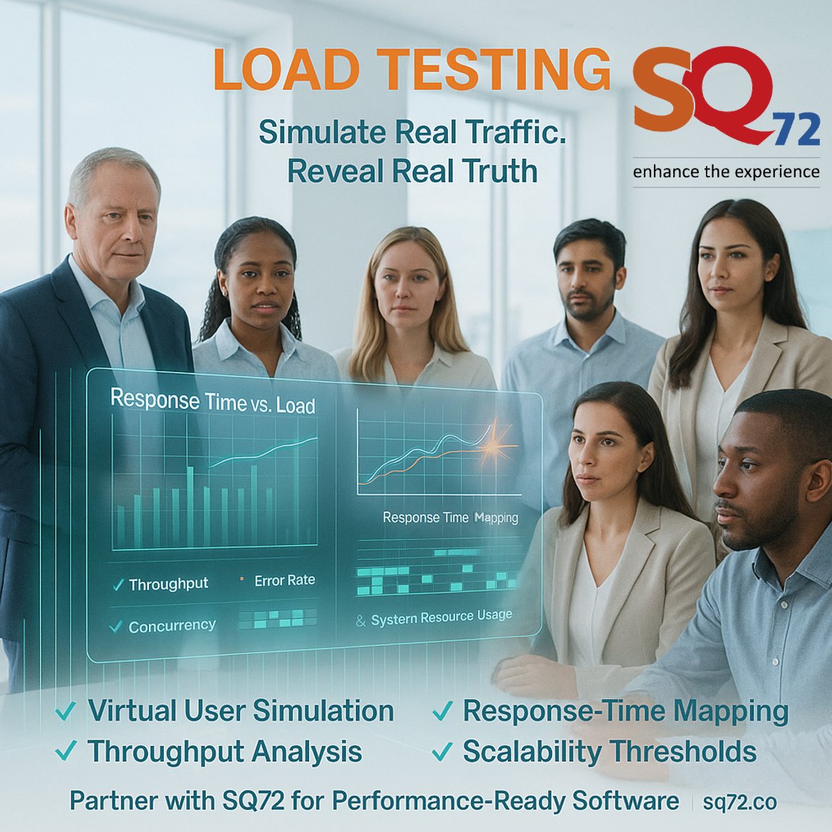 SQ72Testing's tweet image. Load Testing shows how your system behaves under real user pressure. SQ72 reveals bottlenecks before customers feel them. 🌐 sq72.co #SoftwarePerformance #PerformanceTesting #LoadTesting #QualityEngineering #TestAutomation