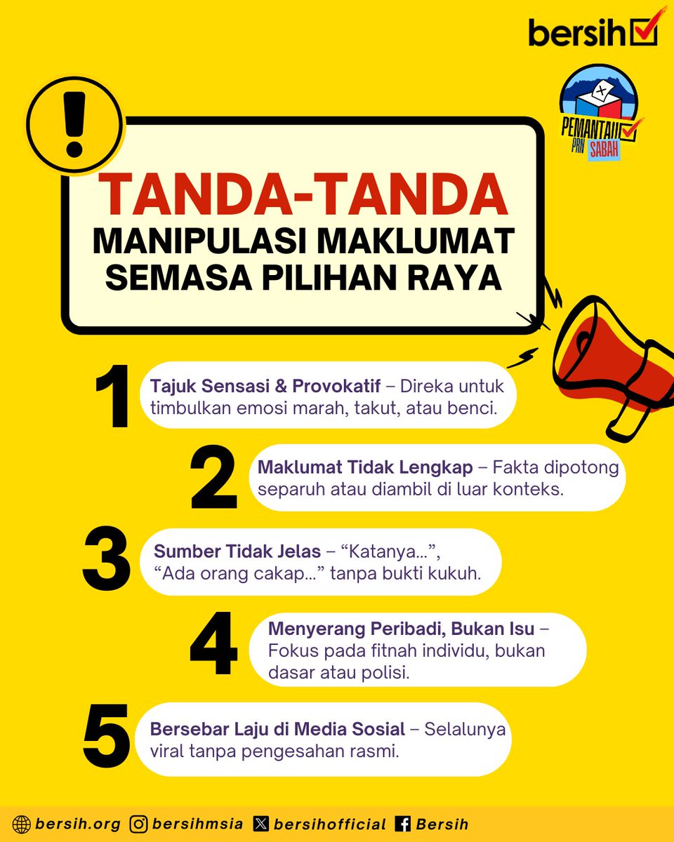Jangan mudah percaya. Semak dulu inilah tanda-tanda manipulasi maklumat semasa pilihan raya 👇

#PRUSabah #PantauSabah