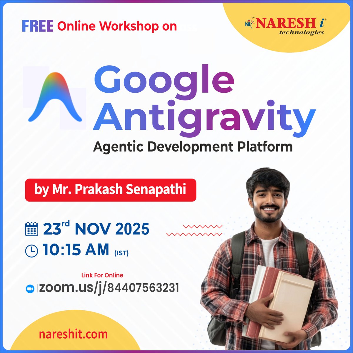 nareshitkphb's tweet image. 🚀 Dive into the future of AI development!
Register Link: t.ly/FWSGA-23N

Join NareshIT’s FREE workshop on Google Antigravity Agentic Development Platform by Mr. Prakash Senapathi on 23 Nov, 10:15 AM IST.

#AgenticAI #GoogleAI #AIDevelopment #TechWorkshop #FutureSkills