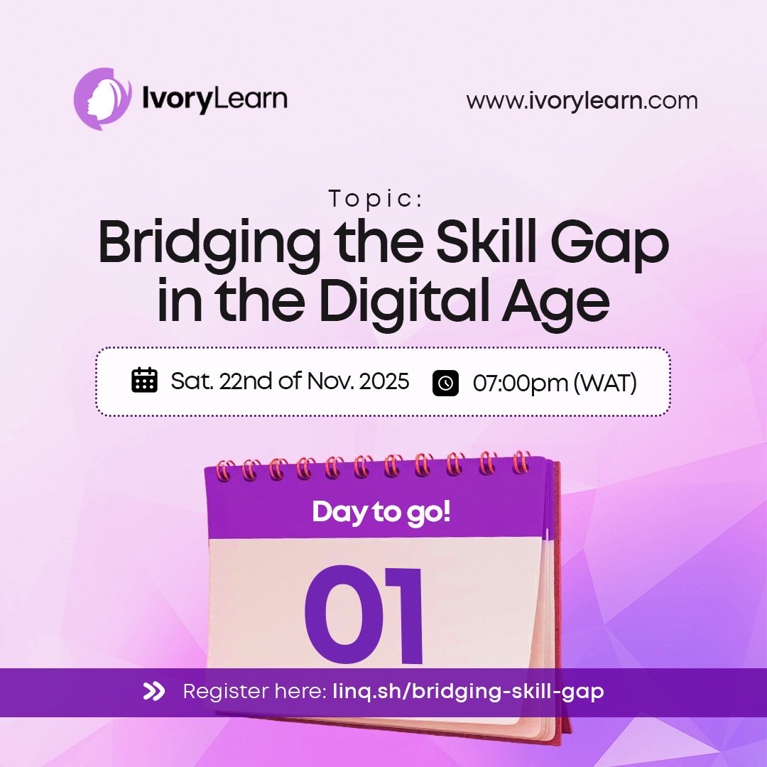 ivorylearnhub's tweet image. Only one day to go.

Tomorrow, IvoryLearn will be hosting a free virtual training titled: Bridging the Skill Gap in the Digital Age

#FreeTraining