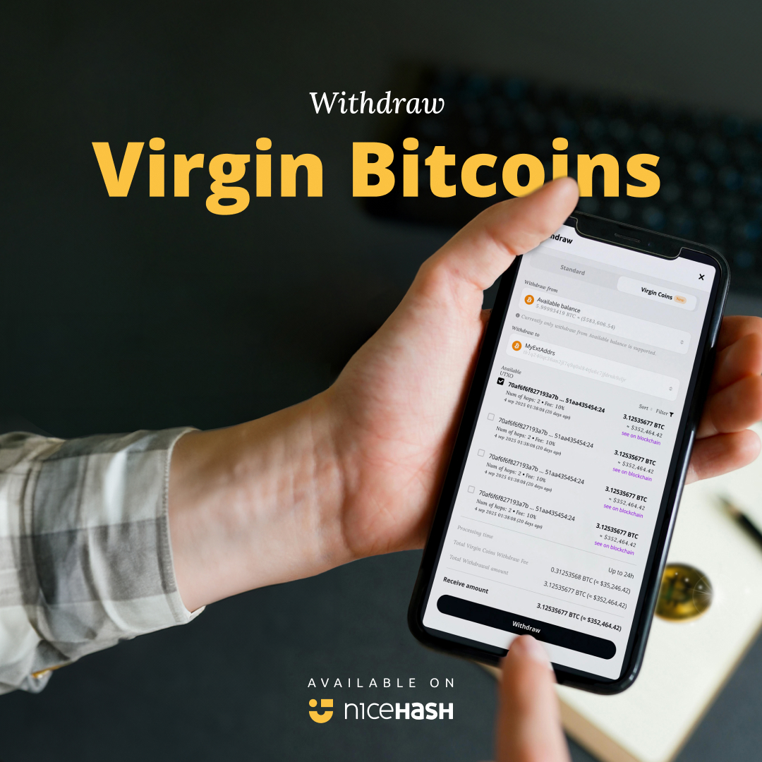 NiceHashMining's tweet image. The most pristine form of Bitcoin just became accessible. 🚀

NiceHash now offers Virgin &amp;amp; Premium BTC withdrawals - untouched, zero-history, high-integrity Bitcoin for those who demand absolute provenance.

A first from a Swiss-regulated company.
For institutions. For OTC desks.…