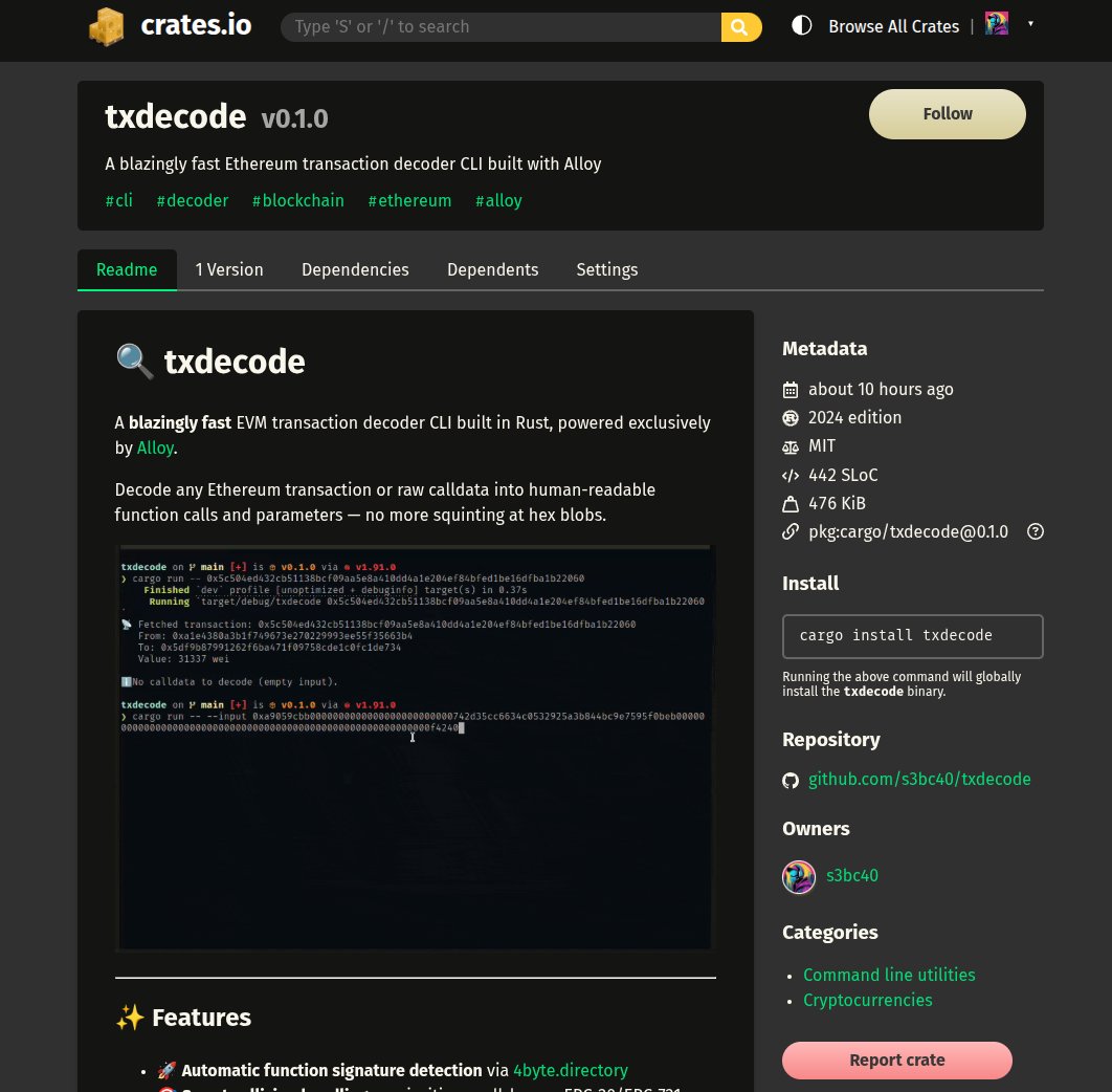 s3bc40's tweet image. Side project done -&amp;gt; txdecode deployed on crate.io

Built with AI driven guidance. Going step by step,  double checking doc.

From building and shipping a modest tx decoder with @rustlang 

What&apos;s next? 

GH: github.com/s3bc40/txdecode
Crate: crates.io/crates/txdecode