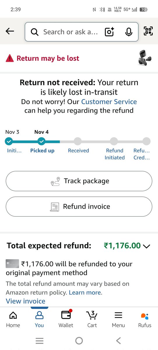 imparvez22's tweet photo. I returned my Amazon order on 4th November, and it was picked up, but the status still shows “Return may be lost” and my refund of ₹1,176 hasn’t been received yet.
Please look into this urgently.

@AmazonHelp @amazonIN https://t.co/41zFH7vJz7