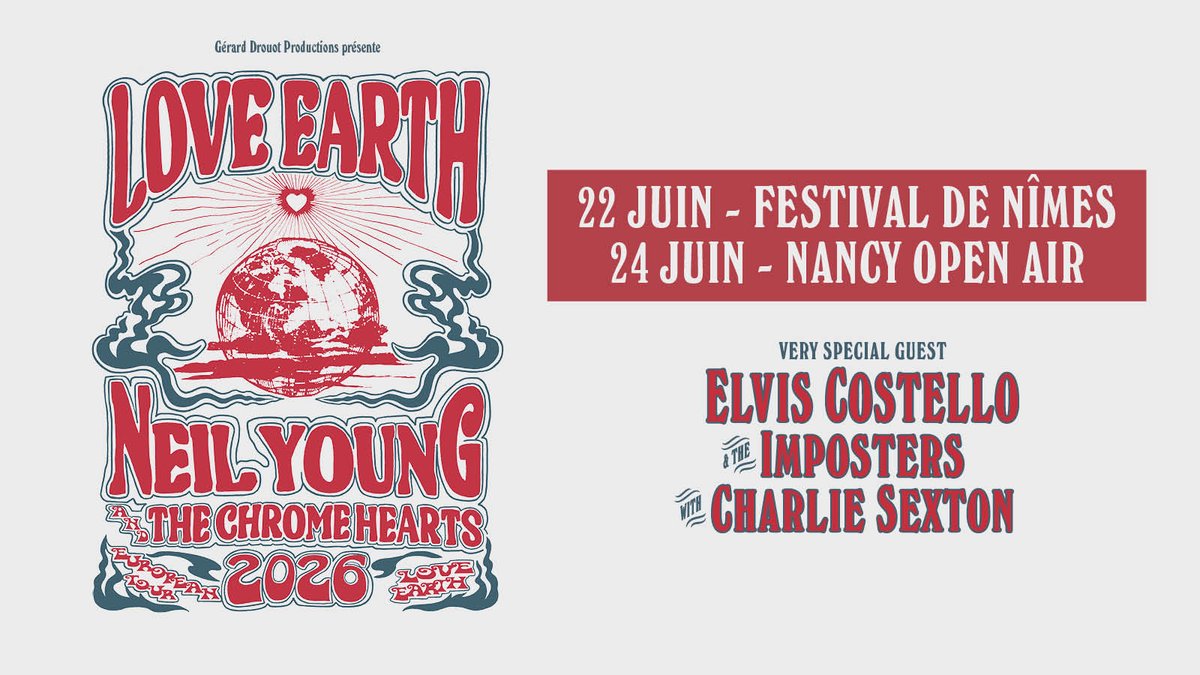 ANNONCE - <a href="/Neilyoung/">Neil Young</a> &amp; The Chrome Hearts seront le 22 juin au <a href="/FestivalDeNimes/">Festival de Nîmes</a> et le 24 juin 2026 au NANCY OPEN AIR !
Accompagnés de <a href="/ElvisCostello/">Elvis Costello</a> &amp; The Imposters et Charlie Sexton en invités spéciaux.
🎟️ Prévente sur GDP.fr le 26 novembre à 10h
🎟️ Ouverture de