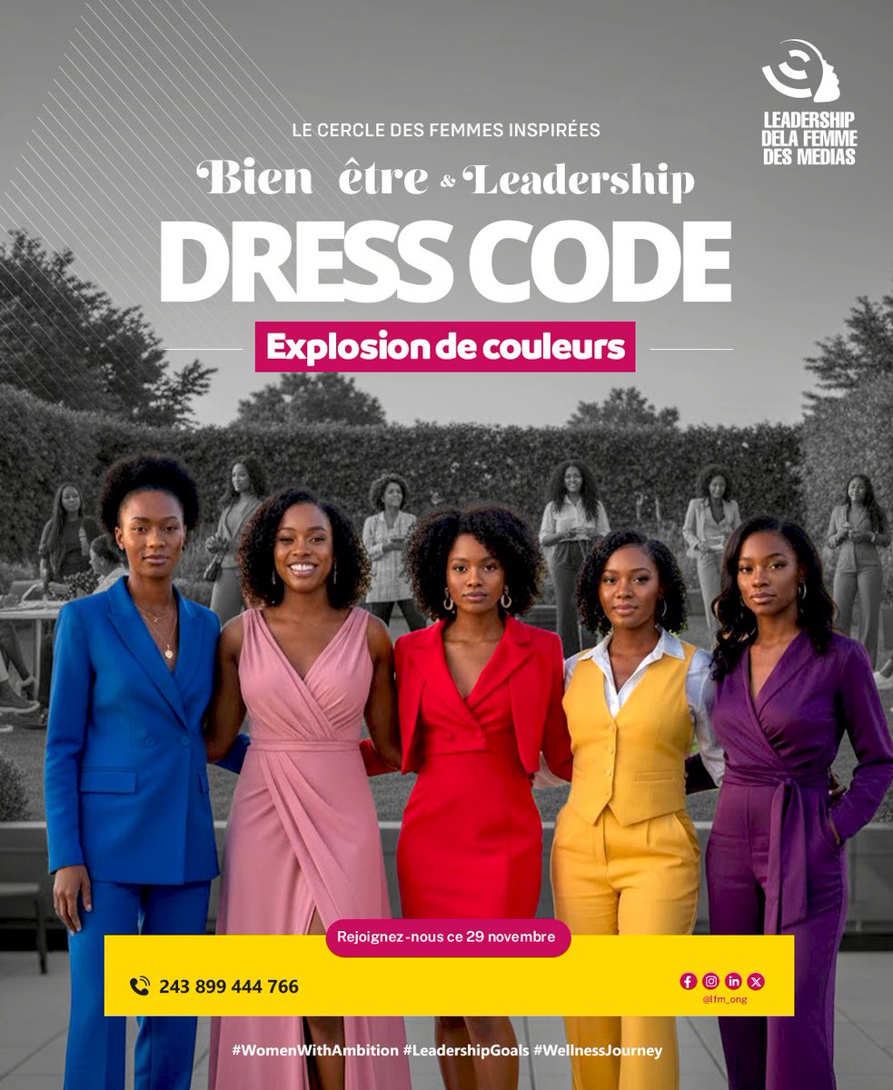 ✨ Femmes inspirées, on se retrouve le 29 novembre pour le Brunch Bien-être &amp; Leadership !

Dress code : Explosion de couleurs
Réservation: 10 $ (hors frais • cocktail party inclus)

📲 M-Pesa : +243 824 537 652
📲 Orange Money : +243 899 444 766