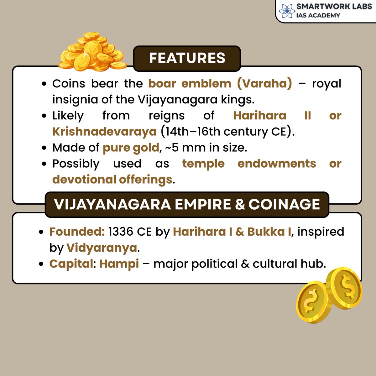 Smartwork_Labs's tweet image. Over 100 gold coins from the Vijayanagara Empire were unearthed at a Chola-era Shiva temple in Kovilur, Tamil Nadu. Featuring the Varaha emblem, these coins likely date to Harihara II or Krishnadevaraya. A major archaeological treasure.
#Vijayanagara #TamilNadu #Archaeology