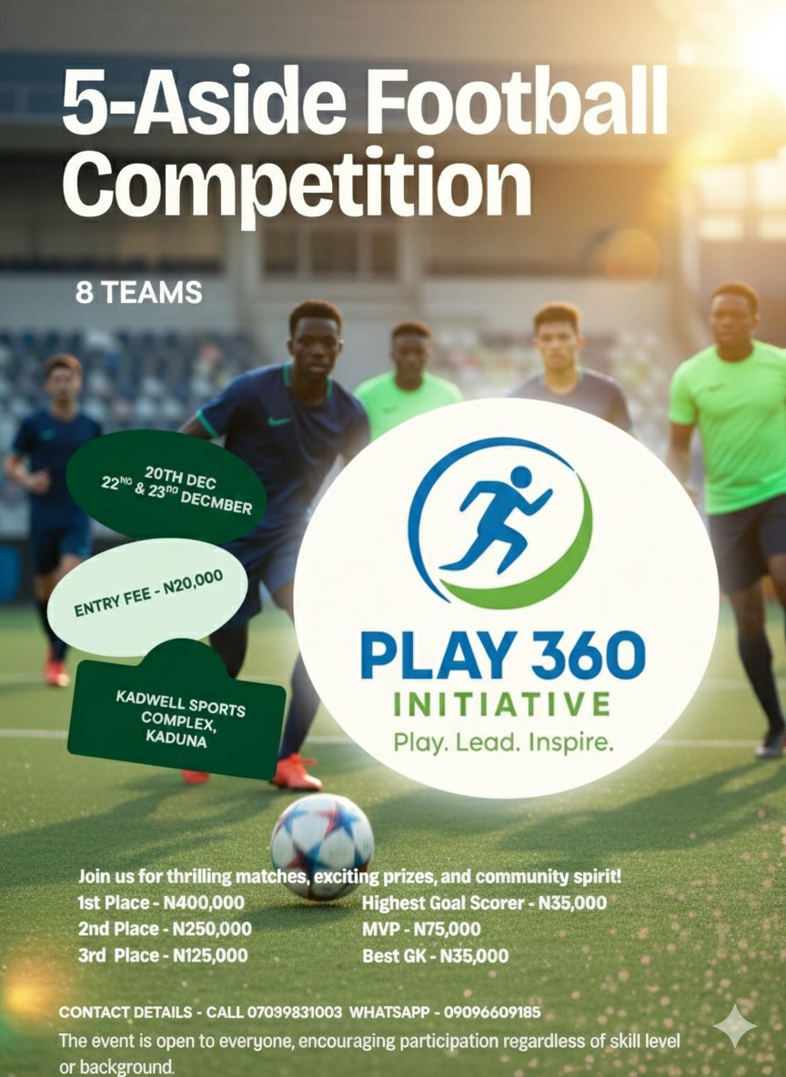 funomLH's tweet photo. KADUNA! Get ready for the Play 360 Initiative 5-Aside Football Competition! ⚽️
​🗓️ Dec 20, 22, 23
📍 Kadwell Sports Complex
​Thrilling matches, big prizes, and community fun! Open to all. https://t.co/YnSFEnlP5G