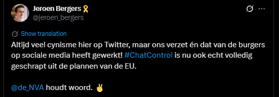 TijlDeBie's tweet image. &quot;@De_NVA houdt woord. ✌️&quot;, zei @jeroen_bergers.
&quot;No pasarán&quot; en &quot;we blijven ons verzetten&quot;, zei @MichaelFreilich.
Famous last words. #ChatControl