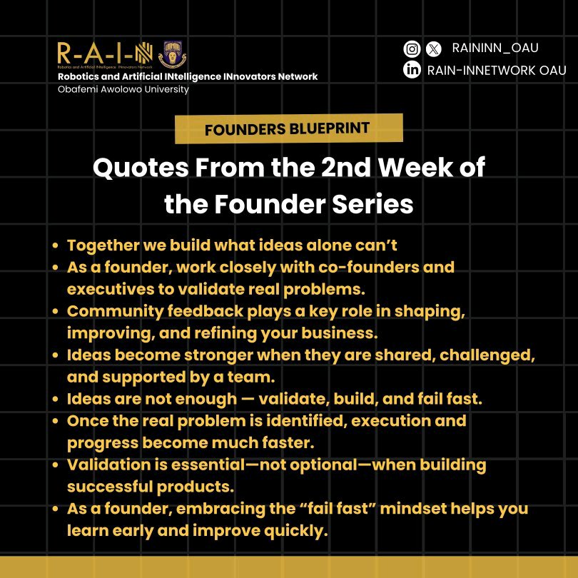 raininn_oau's tweet image. Week 2 of the Founder Series focused on building together and strengthening ideas through collaboration. 🤝✨

We explored how community feedback helps founders refine their assumptions and identify real problems worth solving. 💡🔍
#facts #techfounder