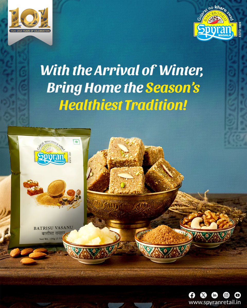 SpyranRetail's tweet image. Winter ni sharuat, paramparik swaad thi! ❄️✨
Bring home the goodness of Spyran Batrisu Vasanu — packed with energy, strength, and the warmth your body needs this season.

👉 Buy Online: spyranretail.in 
📱 Download  Spyran Retail App 

#SpyranMasala #spices #indianspices
