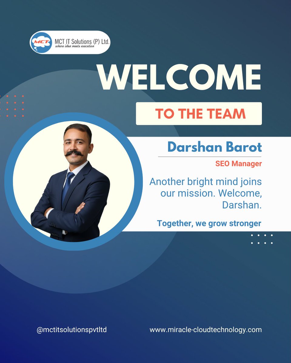 mctitsolutions's tweet image. A new chapter begins at MCT IT Solutions!
We’re excited to welcome DARSHAN BAROT to the MCT family as our new SEO Manager! With his strategic mindset, deep understanding of search trends, Darshan is set to elevate our digital visibility &amp;amp; strengthen our online presence.