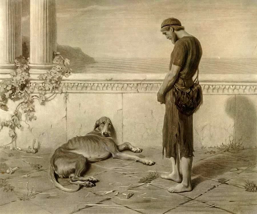 What if the only one who still recognized you after 20 years was dying on a pile of garbage?

This is Odysseus, finally home after 20 years of war and wandering. He's disguised himself as a beggar because his palace is crawling with men trying to marry his wife and steal his