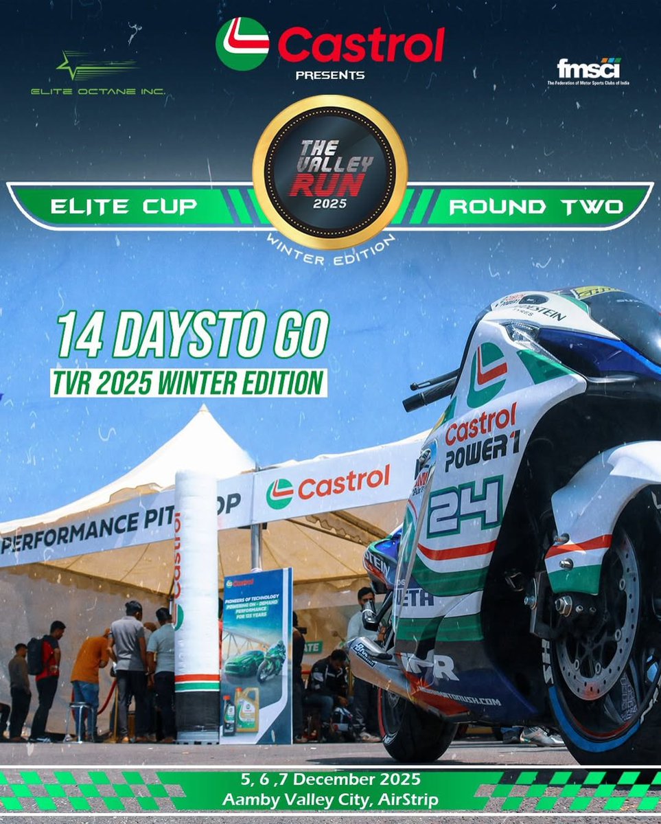 fmsci's tweet image. 🏁 14 Days to Go! 🏍️💨
The Valley Run 2025 — Winter Edition ❄️🔥

Get ready as Round Two of the Elite Cup races into Aamby Valley City Airstrip this 5th, 6th &amp;amp; 7th December 2025!

#TheValleyRun2025 #WinterEdition #EliteCup #CastrolPower1 #MotorsportIndia #AambyValley  #14DaysToGo