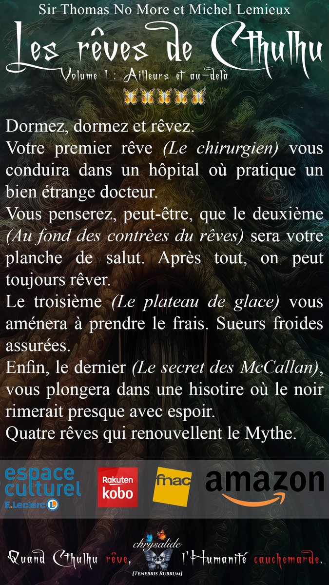 LireChrysalide's tweet image. ⭐️⭐️⭐️⭐️⭐️
« Ce recueil est donc une pépite qui se lit bien trop vite tellement il est addictif ! » Évasions littéraires

Disponible dans tous les formats
➡️editionschrysalide.fr 
sur Amazon : livre papier &amp;amp; Kindle
sur tous les stores en ePub

#VendrediLecture
#Cthulhu #Romans