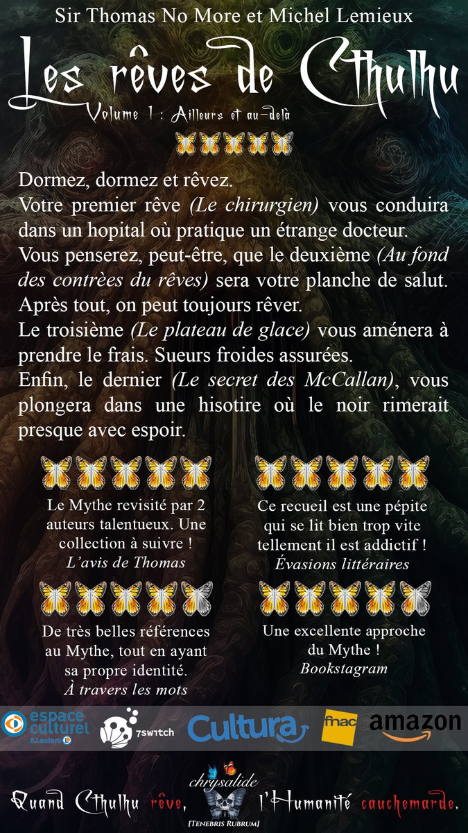 LireChrysalide's tweet image. ⭐️⭐️⭐️⭐️⭐️
« Ce recueil est donc une pépite qui se lit bien trop vite tellement il est addictif ! » Évasions littéraires

Disponible dans tous les formats
➡️editionschrysalide.fr 
sur Amazon : livre papier &amp;amp; Kindle
sur tous les stores en ePub

#VendrediLecture
#Cthulhu #Romans
