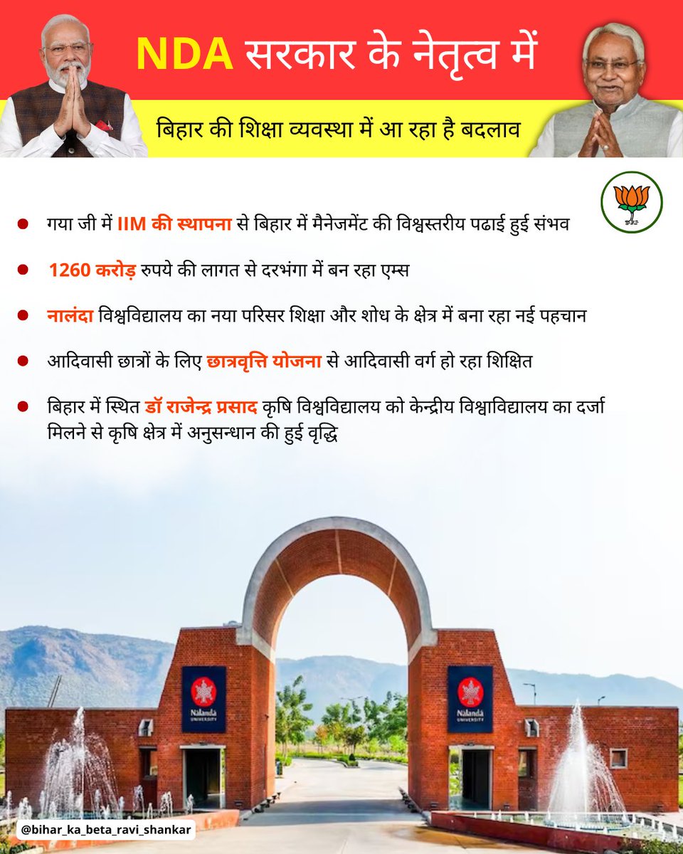 patna_shankar's tweet image. NDA सरकार के नेतृत्व में बिहार की शिक्षा व्यवस्था नए आयाम गढ़ रही है!
IIM से लेकर AIIMS, नालंदा विश्वविद्यालय से छात्रवृत्ति योजनाओं तक—ज्ञान, शोध और विकास की नई उड़ान।

#BiharEducation #NDA #EducationReforms #NalandaUniversity #IIMGaya #AIIMSDarbhanga #BiharVikas #NewIndia