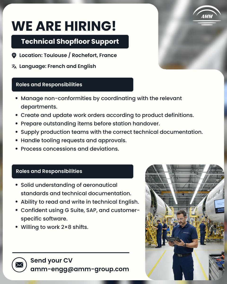 Amm_Enterprise's tweet image. Exciting opportunity!

#AMMEnterprisegmbh #AMMGroup #TechnicalSupport #ShopfloorSupport #AerospaceJobs #AviationCareers #AircraftProduction #AirbusJobs #AerospaceIndustry #ManufacturingSupport #EngineeringSupport #AviationRecruitment #ToulouseJobs #RochefortJobs