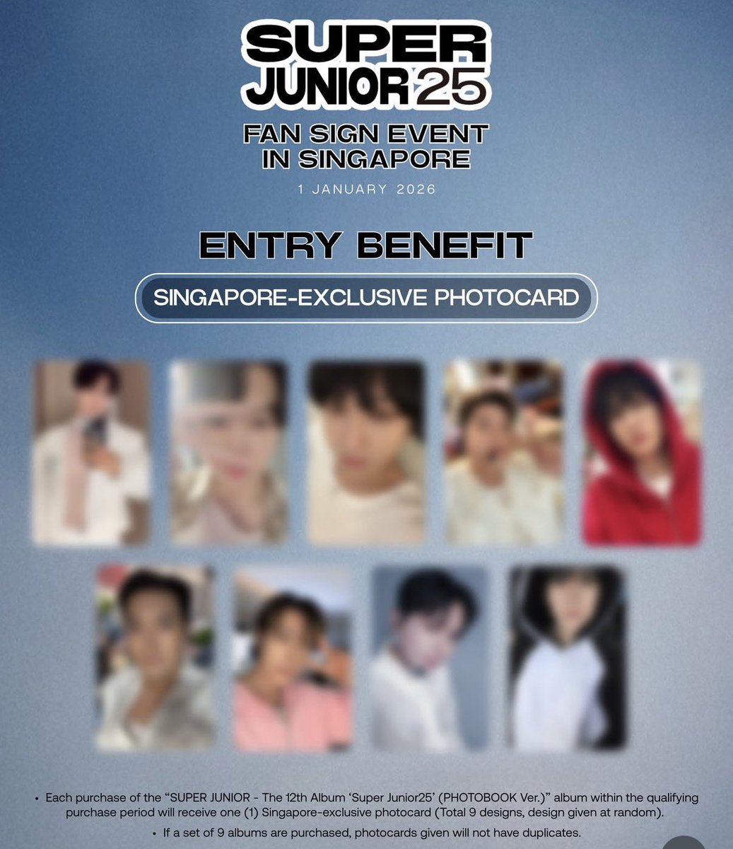 [WORLD WIDE WW GO]
SINGAPORE FANSIGN POB PHOTOCARD
SUPER JUNIOR 25 ALBUM

1 PB + 1 PC - SGD 15
9 PB + 9 PC (SET) - SGD 110

Paypal/Wise 👌🏼 

Exclude shipping to you, can unseal to ship only inserts+POB (for cheaper shipping fees)

DM for more information/if interested! ✨