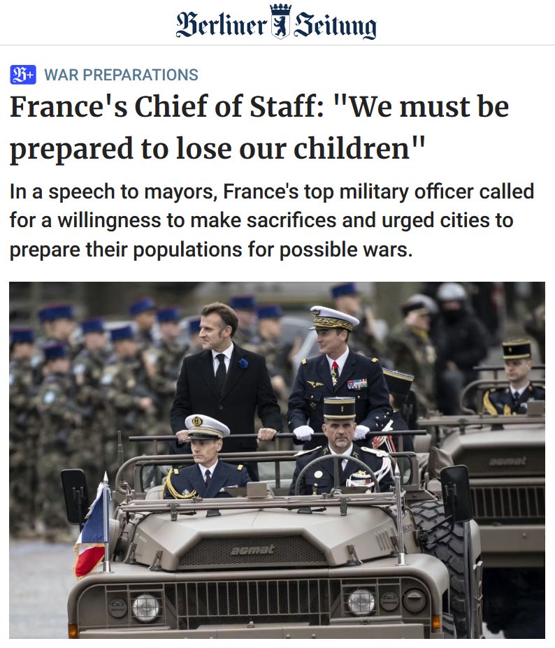 disclosetv's tweet image. NEW - France&apos;s top military officer called for a willingness to sacrifice children and urged cities to prepare for potential war.